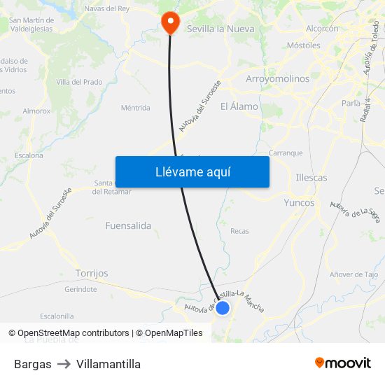 Bargas to Villamantilla map
