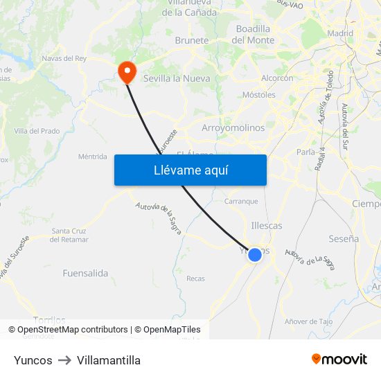 Yuncos to Villamantilla map