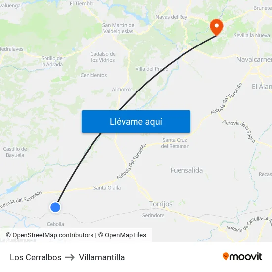 Los Cerralbos to Villamantilla map