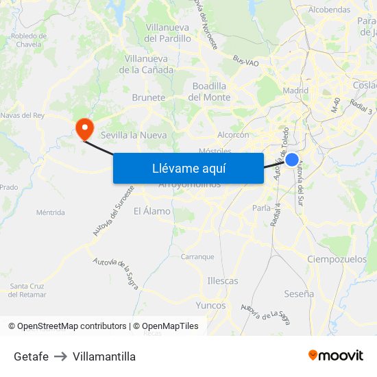 Getafe to Villamantilla map