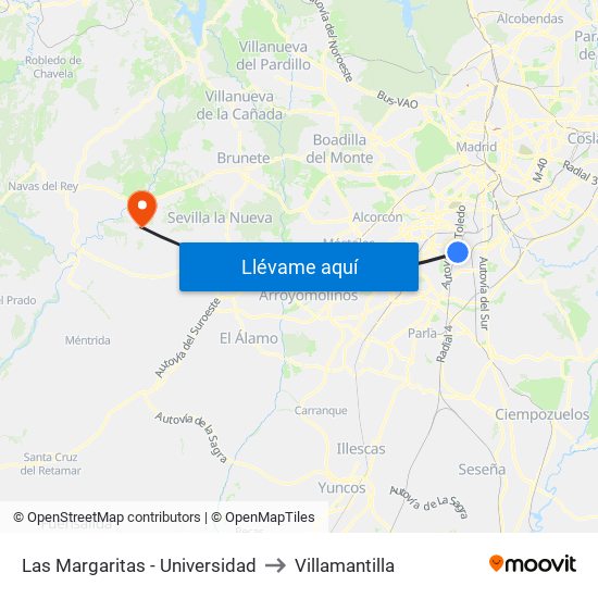 Las Margaritas - Universidad to Villamantilla map