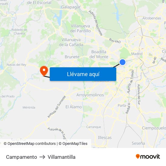 Campamento to Villamantilla map