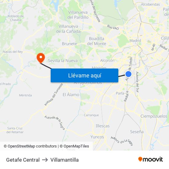 Getafe Central to Villamantilla map