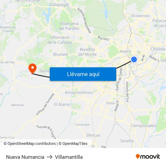 Nueva Numancia to Villamantilla map