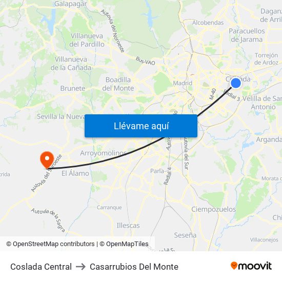 Coslada Central to Casarrubios Del Monte map