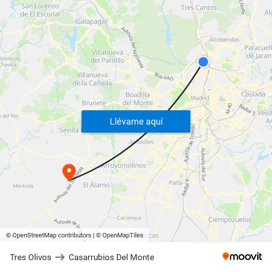 Tres Olivos to Casarrubios Del Monte map