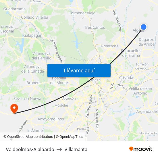 Valdeolmos-Alalpardo to Villamanta map