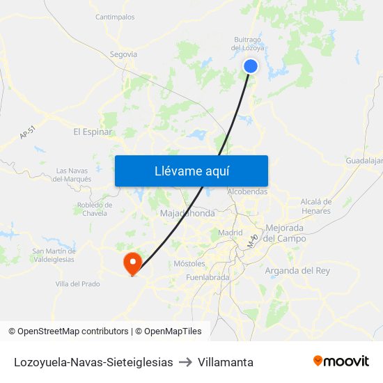 Lozoyuela-Navas-Sieteiglesias to Villamanta map