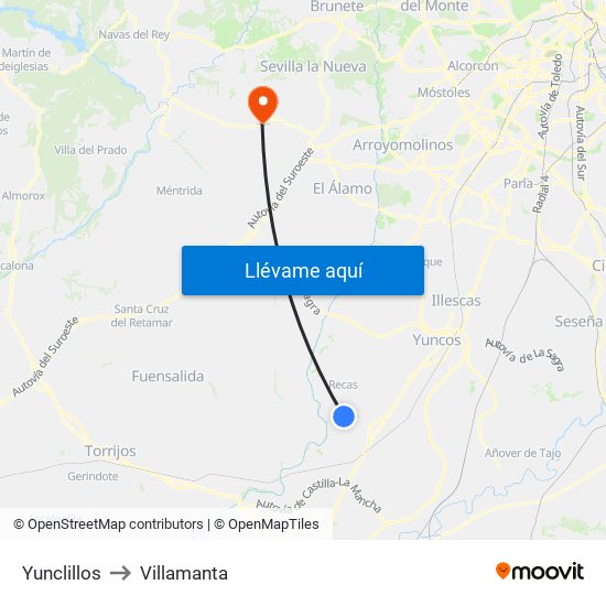 Yunclillos to Villamanta map