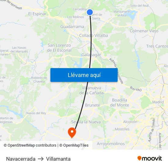 Navacerrada to Villamanta map