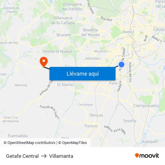 Getafe Central to Villamanta map