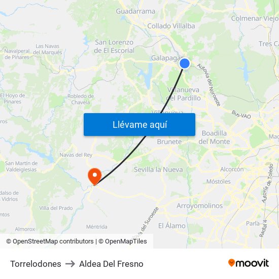 Torrelodones to Aldea Del Fresno map