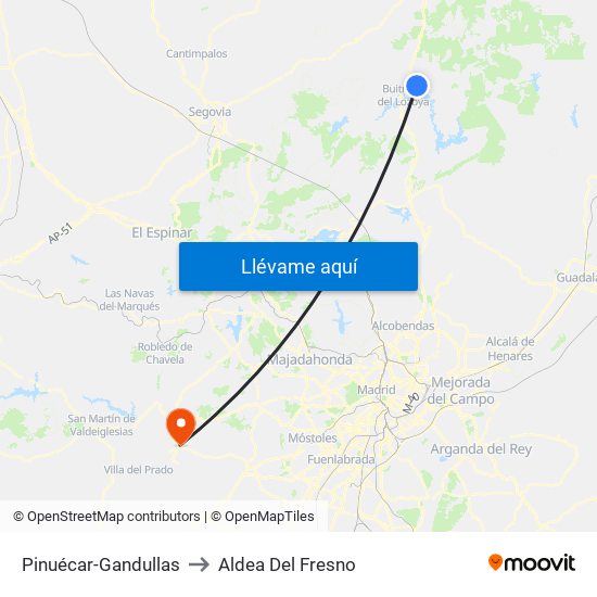 Pinuécar-Gandullas to Aldea Del Fresno map