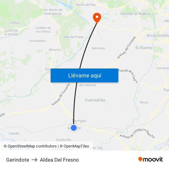 Gerindote to Aldea Del Fresno map