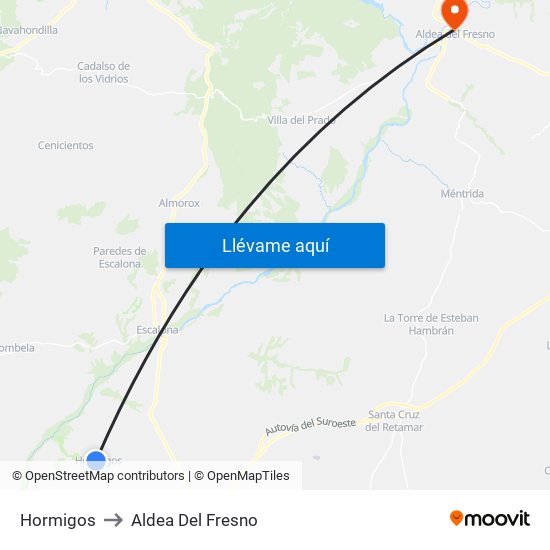 Hormigos to Aldea Del Fresno map
