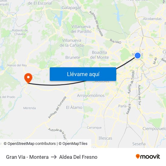 Gran Vía - Montera to Aldea Del Fresno map