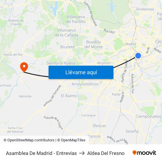 Asamblea De Madrid - Entrevías to Aldea Del Fresno map