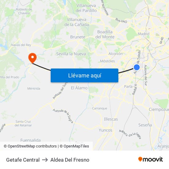 Getafe Central to Aldea Del Fresno map