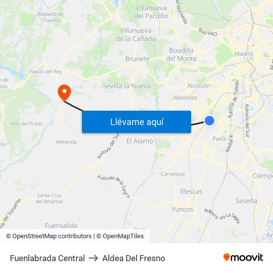 Fuenlabrada Central to Aldea Del Fresno map