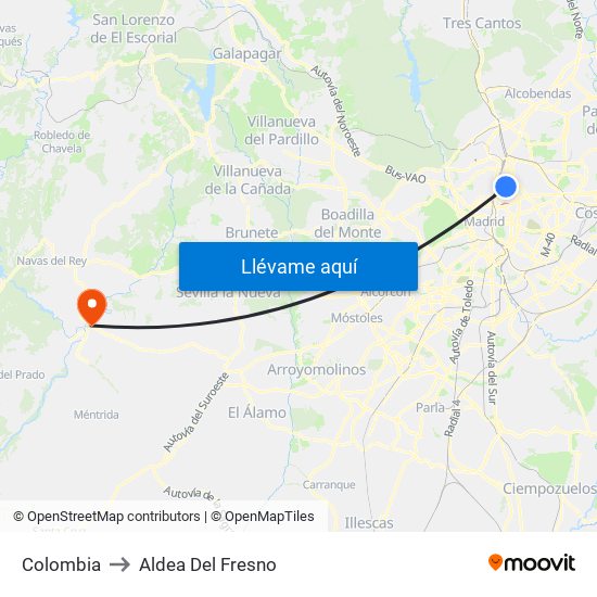 Colombia to Aldea Del Fresno map