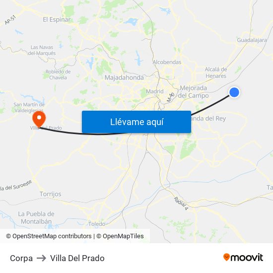 Corpa to Villa Del Prado map