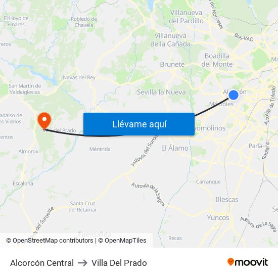Alcorcón Central to Villa Del Prado map