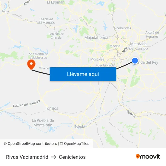 Rivas Vaciamadrid to Cenicientos map