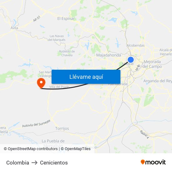 Colombia to Cenicientos map