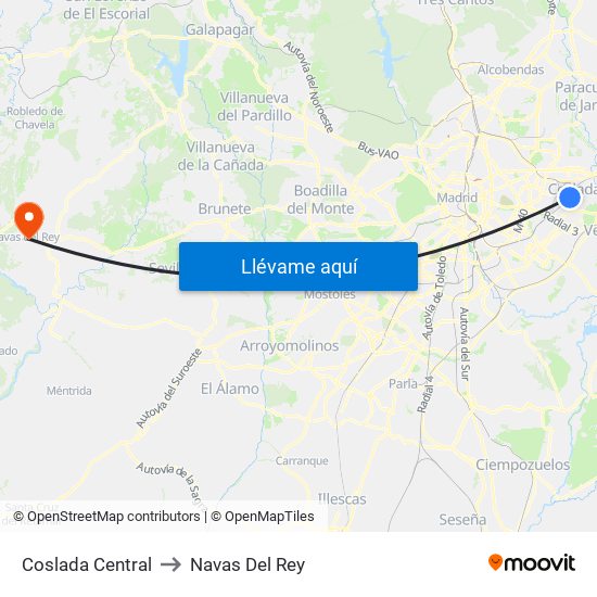 Coslada Central to Navas Del Rey map