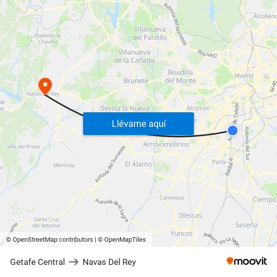 Getafe Central to Navas Del Rey map