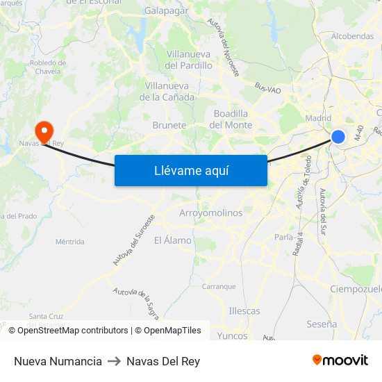 Nueva Numancia to Navas Del Rey map