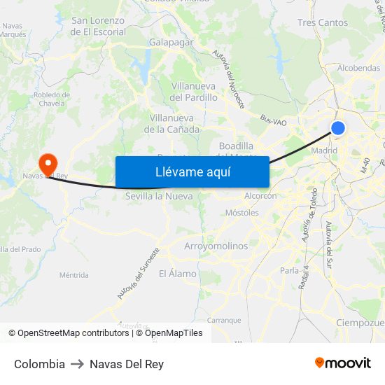 Colombia to Navas Del Rey map