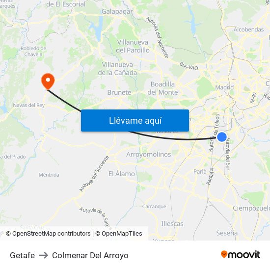 Getafe to Colmenar Del Arroyo map