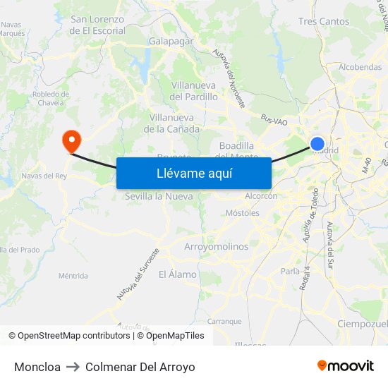 Moncloa to Colmenar Del Arroyo map