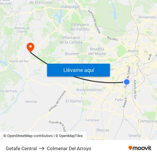 Getafe Central to Colmenar Del Arroyo map
