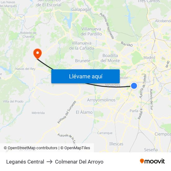 Leganés Central to Colmenar Del Arroyo map