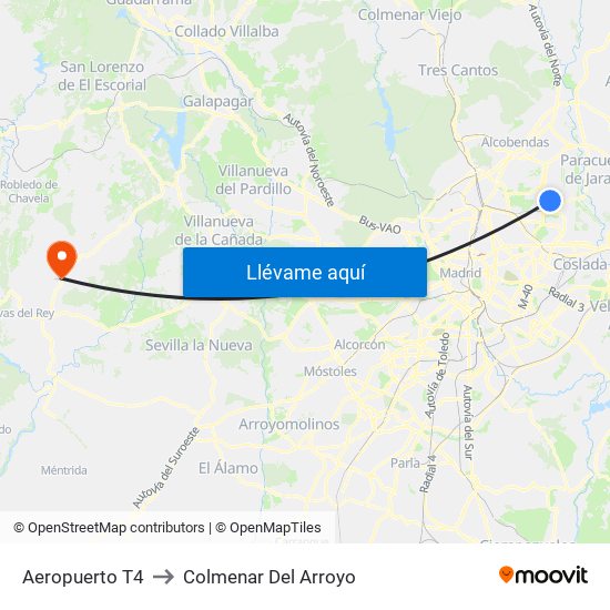 Aeropuerto T4 to Colmenar Del Arroyo map