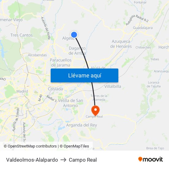 Valdeolmos-Alalpardo to Campo Real map