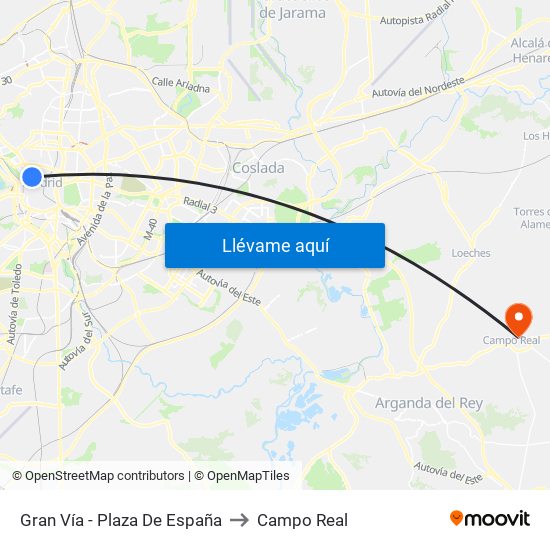 Gran Vía - Plaza De España to Campo Real map