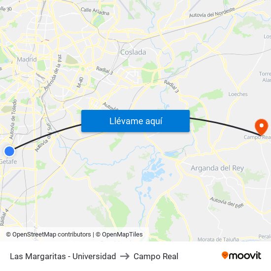 Las Margaritas - Universidad to Campo Real map