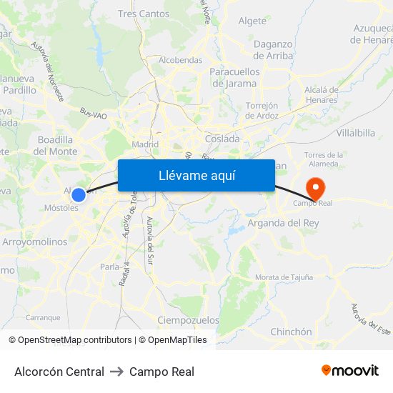 Alcorcón Central to Campo Real map