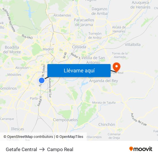 Getafe Central to Campo Real map