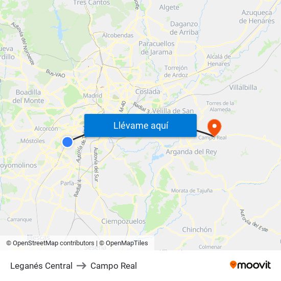 Leganés Central to Campo Real map