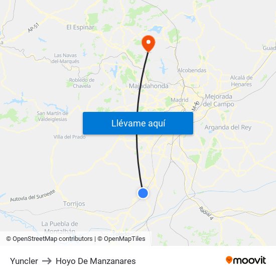 Yuncler to Hoyo De Manzanares map