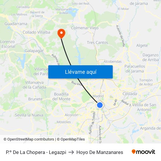 P.º De La Chopera - Legazpi to Hoyo De Manzanares map