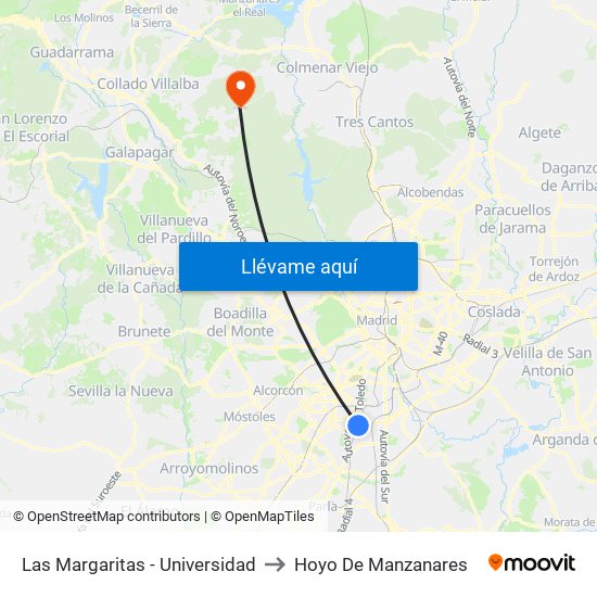 Las Margaritas - Universidad to Hoyo De Manzanares map
