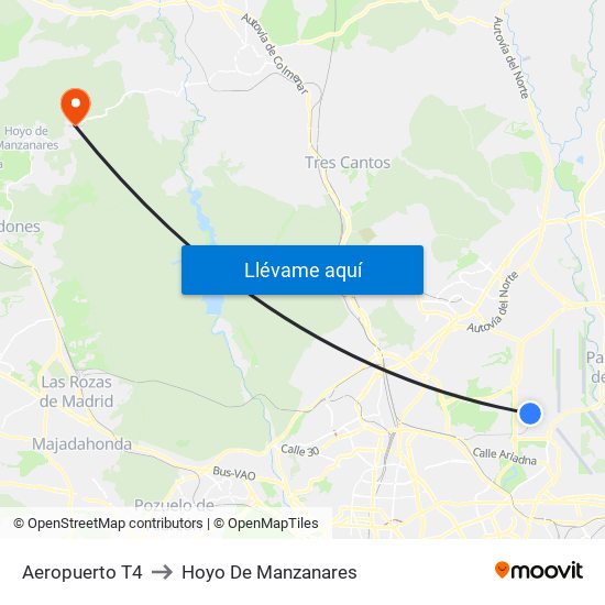 Aeropuerto T4 to Hoyo De Manzanares map