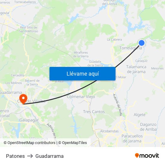 Patones to Guadarrama map