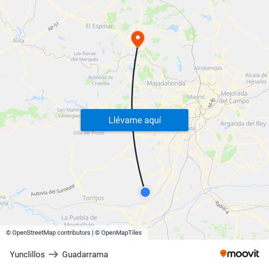 Yunclillos to Guadarrama map