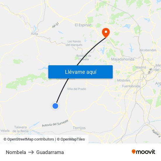 Nombela to Guadarrama map